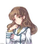  80s breasts brown_hair bust character_request choujikuu_yousai_macross curly_hair face green_eyes hayase_misa head_tilt long_hair macross military military_uniform north_abyssor oldschool sad science_fiction shiny shiny_hair signature simple_background solo u.n._spacy uniform 