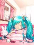  :3 aqua_hair bed cellphone closed_eyes eyes_closed hatsune_miku jewelry long_hair lying matsuda_suzuri mirror nail_polish on_bed on_stomach phone pillow solo stuffed_animal stuffed_bunny stuffed_toy twintails vocaloid 