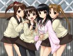  :d :o arms_around_waist bangs black_hair black_legwear blunt_bangs blush brown_eyes brown_hair camera cardigan hair_ribbon hanawa_kaoru hands_on_shoulders hug hug_from_behind long_hair looking_at_viewer mizuki_gyokuran multiple_girls okazaki_norie open_mouth original pantyhose pinching_sleeves ponytail ribbon sakurada_maon sawatari_fuu school_uniform short_hair skirt sleeves_past_wrists smile tamayura twintails 