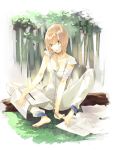  bandage bandages barefoot blonde_hair breasts chain chains cleavage genderswap green_eyes highres hssno108 hunter_x_hunter indian_style kurapika mouth_hold short_hair sitting sketchbook solo 
