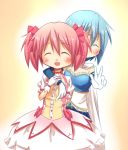  2girls :d :o arm_around_neck armband blue_hair blush bow bubble_skirt cape closed_eyes eyes_closed frills gloves hair_bow kaname_madoka magical_girl mahou_shoujo_madoka_magica miki_sayaka multiple_girls open_mouth pink_hair short_hair short_twintails simple_background smile soul_gem twintails v white_gloves 