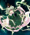  alphes_(style) brown_eyes dress ghost ghost_tail green_dress green_hair hat jyuri_otoko lightning long_sleeves ofuda open_mouth outstretched_arm outstretched_hand parody short_hair soga_no_tojiko solo style_parody tate_eboshi touhou 