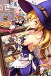  basket belt blonde_hair bow bread breasts cake choker cleavage comet_(teamon) cupcake detached_sleeves food hat long_hair lowres pie ribbon smile solo sword_girls tiered_tray witch witch_hat yellow_eyes 