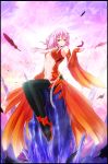  bare_shoulders breasts center_opening detached_sleeves feathers fingerless_gloves gloves guilty_crown highres mitsuki navel pink_hair red_eyes sitting solo thigh-highs thighhighs yuzuriha_inori 