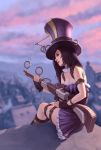  bare_shoulders boots breasts brown_hair caitlyn_(league_of_legends) cleavage gloves gun hat highres jonathan_hamilton league_of_legends long_hair rifle scope sitting skirt solo top_hat weapon 