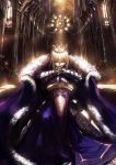 armor armored_dress avalon_(fate/stay_night) blonde_hair cape cathedral church closed_eyes crown dress eyes_closed fate/stay_night fate/zero fate_(series) highres kneeling saber sheath sheathed signature solo stu_dts 