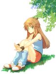  1girl bangs bare_shoulders belt blue_(pokemon) blue_legwear breasts brown_hair grass green_eyes leaf leaf_(pokemon) leg_hug light_smile long_hair looking_at_viewer loose_socks nature no_hat no_headwear open_hand outstretched_arms panties pantyshot pantyshot_(sitting) pantyshot_sitting payot pokemon pokemon_(game) pokemon_firered_and_leafgreen pokemon_frlg pokemon_rgby pokemon_special sekka_koyori shadow shoes simple_background sitting skirt sleeveless sleeveless_shirt smile socks solo striped striped_panties tank_top thighhighs underwear upskirt white_background wristband 