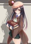  absurdres ascot beret black_hair book brooch brown_eyes carrying glasses hair_ornament hairclip hat highres jewelry long_hair long_sleeves magic_circle original plaid plaid_skirt red-framed_glasses robe sena_chifuyu skirt smile solo staff 