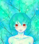  bare_shoulders flower green_hair kazami_yuuka lips mago_(gengennikoniko) red_eyes smile solo topless touhou tree_branch youkai 