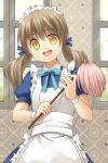  apron brown_hair duster frills long_hair lowres maid maid_headdress open_mouth smile solo sword_girls twintails window wristband yellow_eyes 