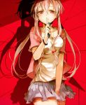  alternate_costume ayatoki-1 blush bow breasts cellphone cellphone_strap different_shadow finger_to_mouth gasai_yuno hair_bow holding jewelry long_hair mirai_nikki necklace ominous_shadow phone pink_eyes pink_hair red_eyes shadow shirt silhouette skirt solo twintails 