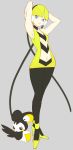  1girl bare_shoulders black_legwear blonde_hair blue_eyes emolga headphones high_heels kamitsure_(pokemon) navel navel_cutout pantyhose pokemon pokemon_(creature) pokemon_(game) pokemon_black_and_white pokemon_bw shoes souji 