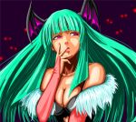  aqua_hair bare_shoulders bat_wings breasts capcom cleavage darkstalkers demon_girl elbow_gloves fingerless_gloves gloves head_wings large_breasts lipstick morrigan_aensland purple_eyes sashimi_(pixiv) succubus vampire_(game) violet_eyes wings 