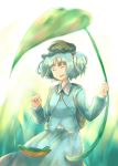  aqua_eyes back hair_bobbles hair_ornament hat kawashiro_nitori leaf_umbrella smile solo touhou twintails 