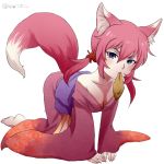  animal_ears bad_id barefoot fox_ears fox_tail genderswap inazuma_eleven inazuma_eleven_(series) inazuma_eleven_go japanese_clothes kirino_ranmaru long_hair low_twintails mouth_hold pink_hair shimomoto tail twintails 