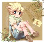  blonde_hair blue_eyes child kagamine_len letter loose_socks male open_mouth overalls scarf short_hair sitting solo vocaloid wakakohime_moe 