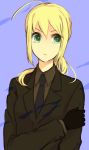  ahoge bad_id black_gloves blonde_hair fate/stay_night fate/zero fate_(series) formal gloves green_eyes long_hair nntn pant_suit ponytail saber solo suit 