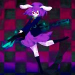  animal_ears artist_request bunny_ears checkered checkered_background dress eyelashes gun kneehighs koishi_adventure minumi pose purple_background purple_dress purple_hair red_eyes reisen reisen_udongein_inaba rifle short_hair skirt smile solo touhou weapon 