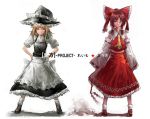  apron bad_id blonde_hair bow brown_eyes brown_hair chul-e_(suse09) detached_sleeves hair_bow hair_tubes hakurei_reimu hat kirisame_marisa long_hair miko multiple_girls red_eyes standing suse09 touhou witch witch_hat 