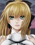  armor blonde_hair bow fate/stay_night fate/unlimited_codes fate_(series) green_eyes hair_bow ponytail portrait saber saber_lily solo yamako777 