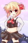  alternate_hairstyle black_legwear blonde_hair chiya fang hair_ribbon heart heart-shaped_pupils highres navel red_eyes ribbon rumia short_twintails solo symbol-shaped_pupils the_embodiment_of_scarlet_devil thigh-highs thighhighs touhou twintails youkai 