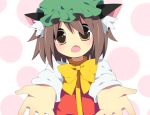  animal_ears bad_id brown_eyes brown_hair cat_ears cat_tail chen fang hat outstretched_arms solo soranagi tail touhou 