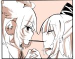  blush closed_eyes earmuffs eyes_closed hand_holding happy hat headphones holding_hands incipient_kiss japanese_clothes kariginu monochrome mononobe_no_futo mouth_hold multiple_girls pocky touhou toyosatomimi_no_miko yuri yuya_(night_lily) 