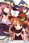  :o bangs blunt_bangs book bow breasts cape cleavage corset dalraeya frills hat leaf lowres multiple_girls nytitch open_mouth paper pencil phone pink_eyes pink_hair ribbon scarf short_hair sitting skirt sword_girls twintails witch witch_hat 