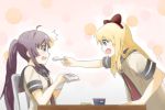  2girls :d blonde_hair blue_eyes bow don-0429 hair_bow long_hair multiple_girls open_mouth paper ponytail purple_hair sideways_mouth smile spoon sugiura_ayano surprised toshinou_kyouko yuru_yuri 