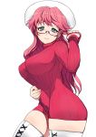  blue_eyes breasts curvy glasses half_rim_glasses hat konoma large_breasts light_smile long_hair looking_at_viewer pink_hair semi-rimless_glasses simple_background solo summon_night summon_night_3 sweater thigh-highs thighhighs under-rim_glasses white_legwear zettai_ryouiki 