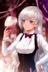  artist_request blue_eyes blush bowtie breasts confetti cup dress_shirt hand_on_hip hips long_hair lowres shirt sigma_(sword_girls) solo sword_girls tan vest white_hair wine 