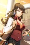  breasts brown_eyes brown_hair cellphone cleavage coat dress_shirt earrings jewelry large_breasts long_hair lowres messenger_bag open_clothes open_shirt phone purse shirt shorts shoulder_bag solo sword_girls 