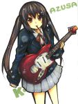  1girl black_hair brown_eyes guitar instrument k-on! long_hair nakano_azusa pocky school_uniform smile solo 