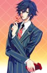  bad_id blue_eyes blue_hair carnelian heart ichinose_tokiya male necktie pocky school_uniform short_hair simple_background solo striped striped_necktie uta_no_prince-sama 