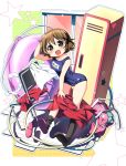  1girl brown_eyes brown_hair chair hidamari_sketch highres innertube locker nagayama_yuunon one-piece_swimsuit open_mouth sakuraboshi_sora school_swimsuit shoes short_hair star swimsuit yuno 