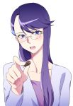  bangs blue_eyes collar fourth_wall glasses hair_ornament hairclip heartcatch_precure! long_hair long_sleeves looking_at_viewer open_mouth panmi pocky precure purple_hair rough simple_background solo swept_bangs tsukikage_yuri 