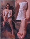  barefoot brown_hair dress feet hands_clasped hands_together jewelry leg_up legs long_hair misawa_hiroshi necklace oil_painting_(medium) original photorealistic sitting solo toenails toes zoom_layer 