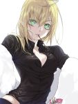  ahoge bad_id blonde_hair breasts enk fate/stay_night fate/zero fate_(series) fur_coat green_eyes pants pocky saber solo wet wet_hair 