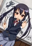  black_hair brown_eyes cat_ears dutch_angle k-on! long_hair nakano_azusa pocky school_uniform shiroyama_shakkuu twintails 