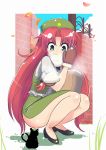  1girl amisu back blue_eyes blush braid cat chen chen_(cat) chinese_clothes eating error flower food gloves hat heart heart_tail high_heels hong_meiling long_hair mittens multiple_tails nikuman petals red_hair redhead shoes side_slit skirt solo squatting star tail touhou twin_braids 