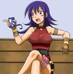  1girl bare_shoulders bench blue_hair breasts choker crossed_legs drawfag duel_masters fingerless_gloves gloves halter_top halterneck juice_box legs_crossed pointing purple_eyes sitting solo tasogare_mimi thigh_strap violet_eyes 