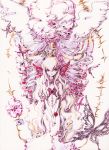  ballpoint_pen_(medium) blonde_hair butterfly butterfly_hair_ornament charmal corsage dress flower hair_ornament hands_together long_hair looking_at_viewer original pink_eyes red_rose rose solo traditional_media very_long_hair wavy_hair 