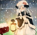  bad_id blush bow braid bunko buun_ko covering covering_face covering_mouth english flower gloves green_eyes hair_bow hat hat_flower heart lantern letter long_hair long_sleeves mailbox original side_braid silver_hair single_braid snow snowing solo 