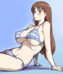  bikini blush breasts brown_eyes brown_hair gradient gradient_background kamisama_dolls large_breasts long_hair rozenweapon shiba_hibino side-tie_bikini sitting striped striped_bikini striped_swimsuit swimsuit under_boob underboob 