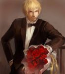  bad_id blonde_hair bouquet bowtie fapple fate/stay_night fate_(series) flower formal gilgamesh highres male red_eyes short_hair solo suit 