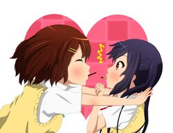  2girls blush brown_eyes brown_hair female heart hirasawa_yui k-on! long_hair multiple_girls nakano_azusa pocky pocky_kiss school_uniform short_hair yuri 