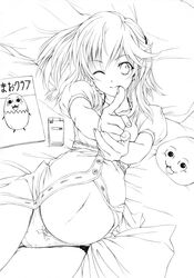  copyright_request finger_gun highres lying monochrome panties pregnant smile solo underwear wink you_yude 