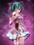  animal_ears blood blood_on_face bloody_clothes dress green_eyes green_hair highres kasodani_kyouko open_mouth pink_dress rubbing_eyes s-syogo short_hair solo tears torn_dress touhou wink 