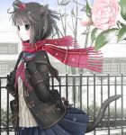  bag black_eyes black_gloves black_hair blush cat_ears cat_tail coat fence flower gloves hair_bobbles hair_ornament kanzaki_miku kuroinu original pleated_skirt scarf school_bag school_uniform skirt snow sweater symbol-shaped_pupils tail 