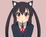  animal_ears black_hair brown_eyes hacoxiv k-on! long_hair nakano_azusa pocky pocky_kiss school_uniform shared_food solo twintails 